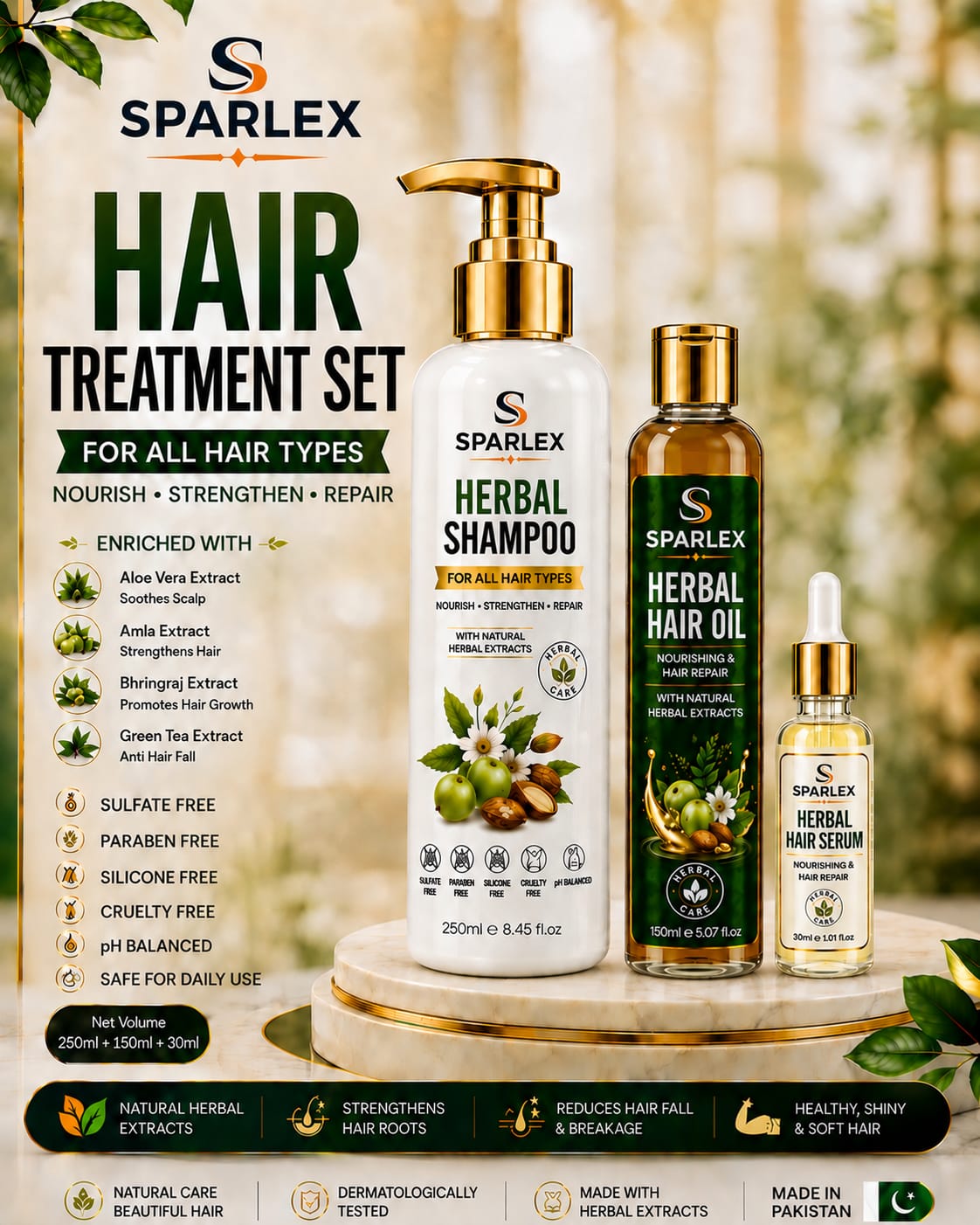 SPARLEX Herbal Hair Treatment Set | Shampoo + Hair Oil + Hair Serum